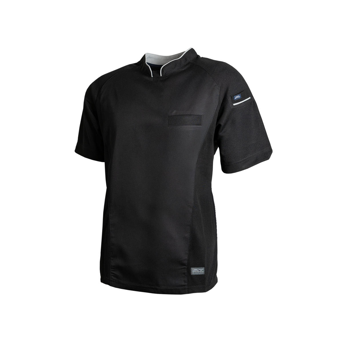 Black short-sleeve shirt with a logo on a white background