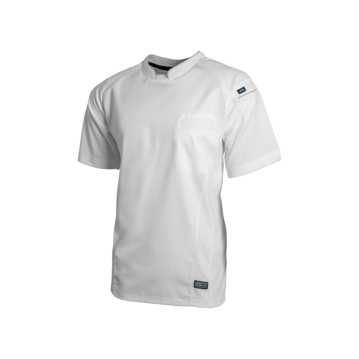 White chef's coat with a brand logo on a white background