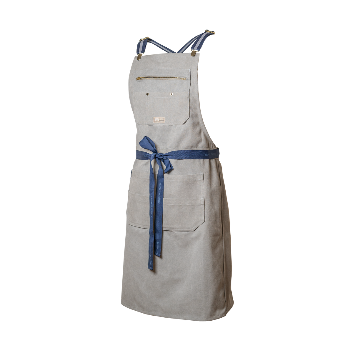 Gray apron with a blue tie on a white background