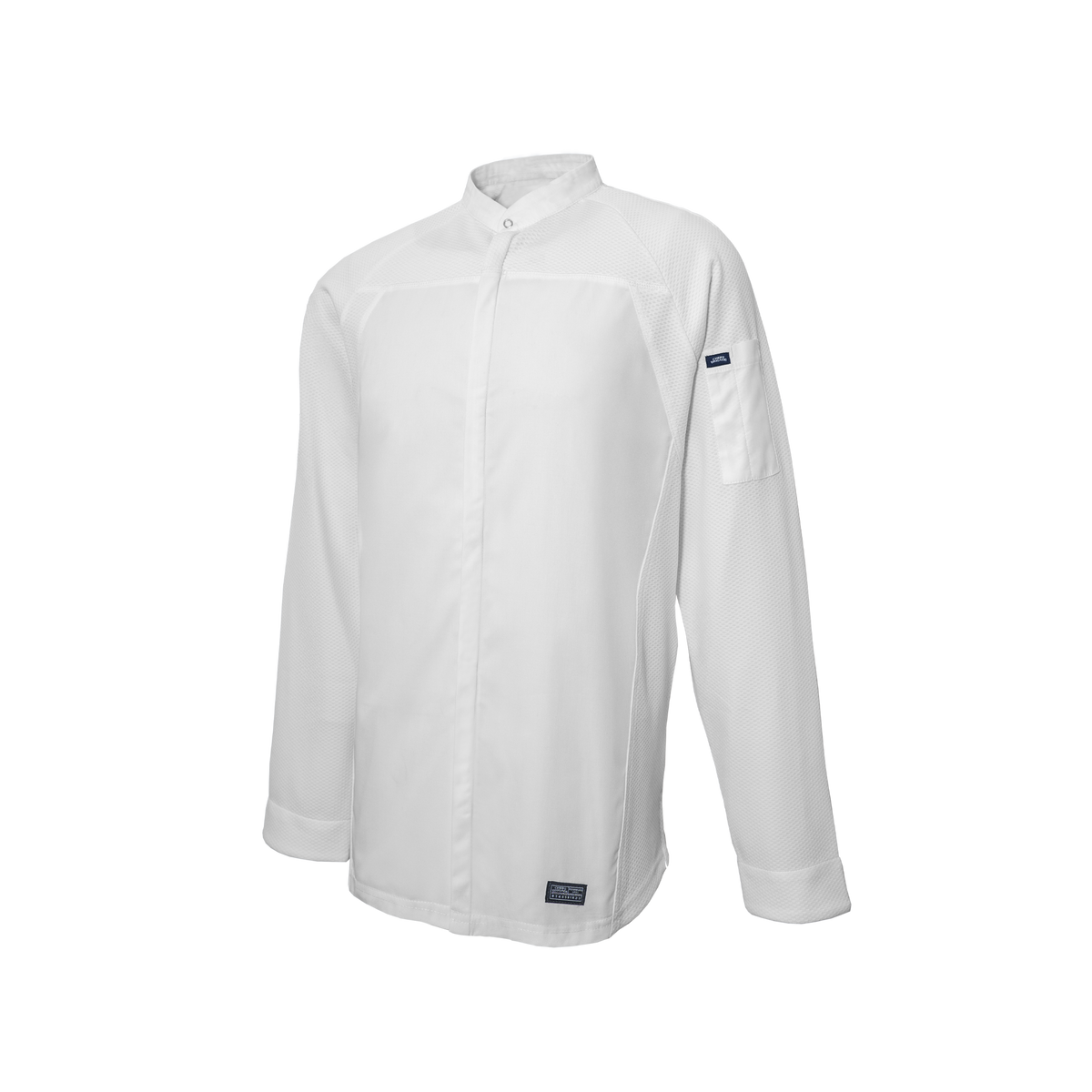 White chef's coat with a brand logo on a white background