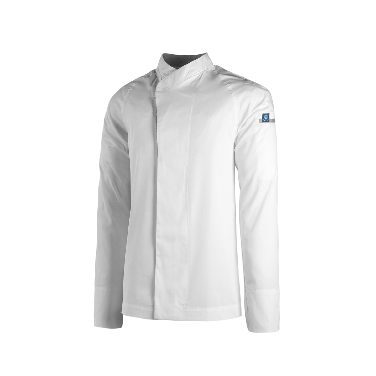White chef jacket with a brand logo on a white background