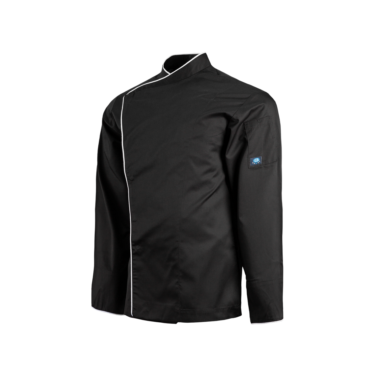 Black jacket with white piping on a white background