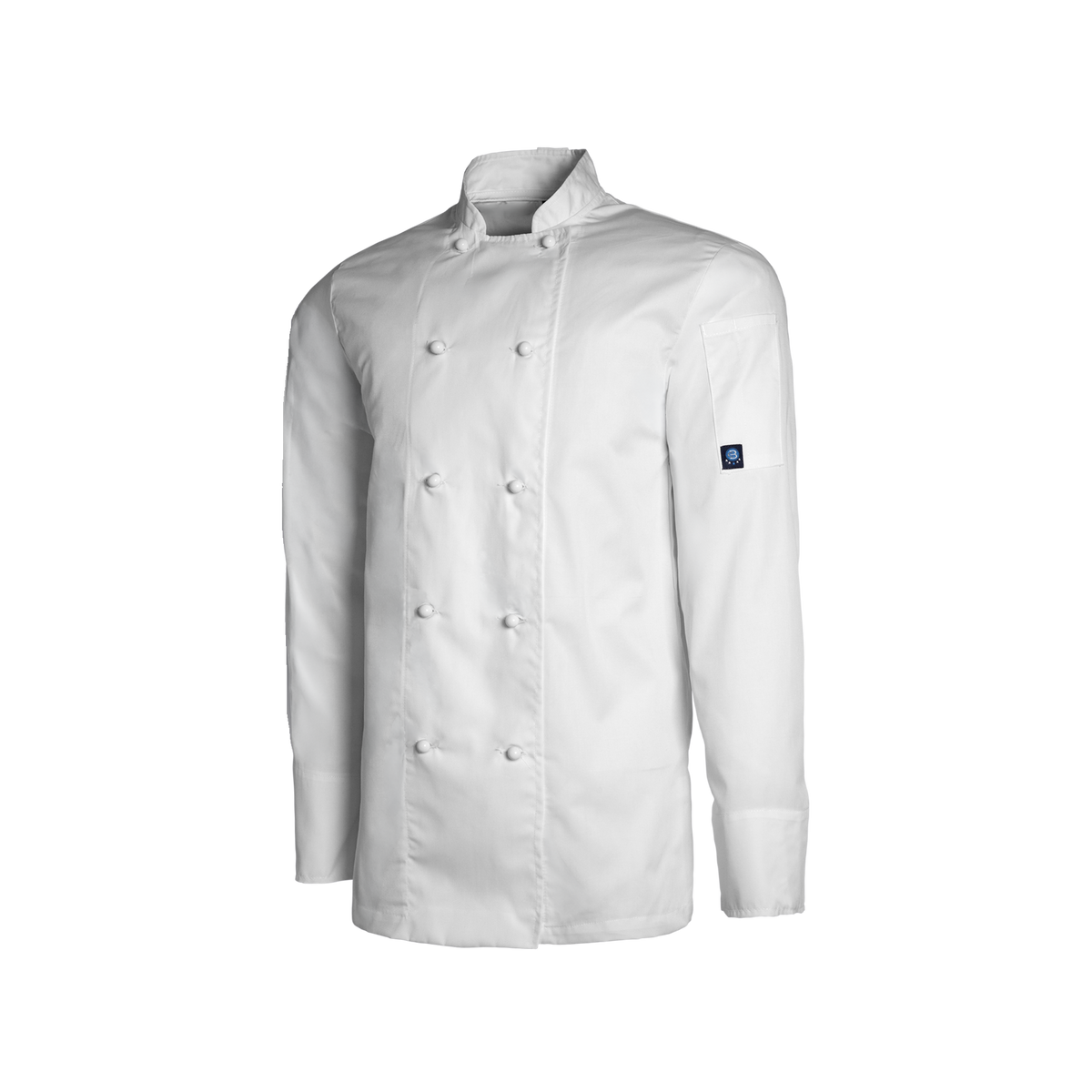White chef's coat with a logo on the sleeve against a white background