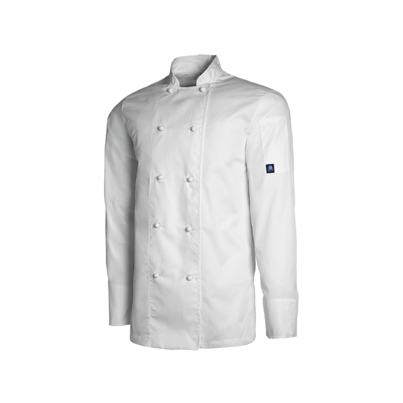 White chef's coat with a logo on the sleeve against a white background