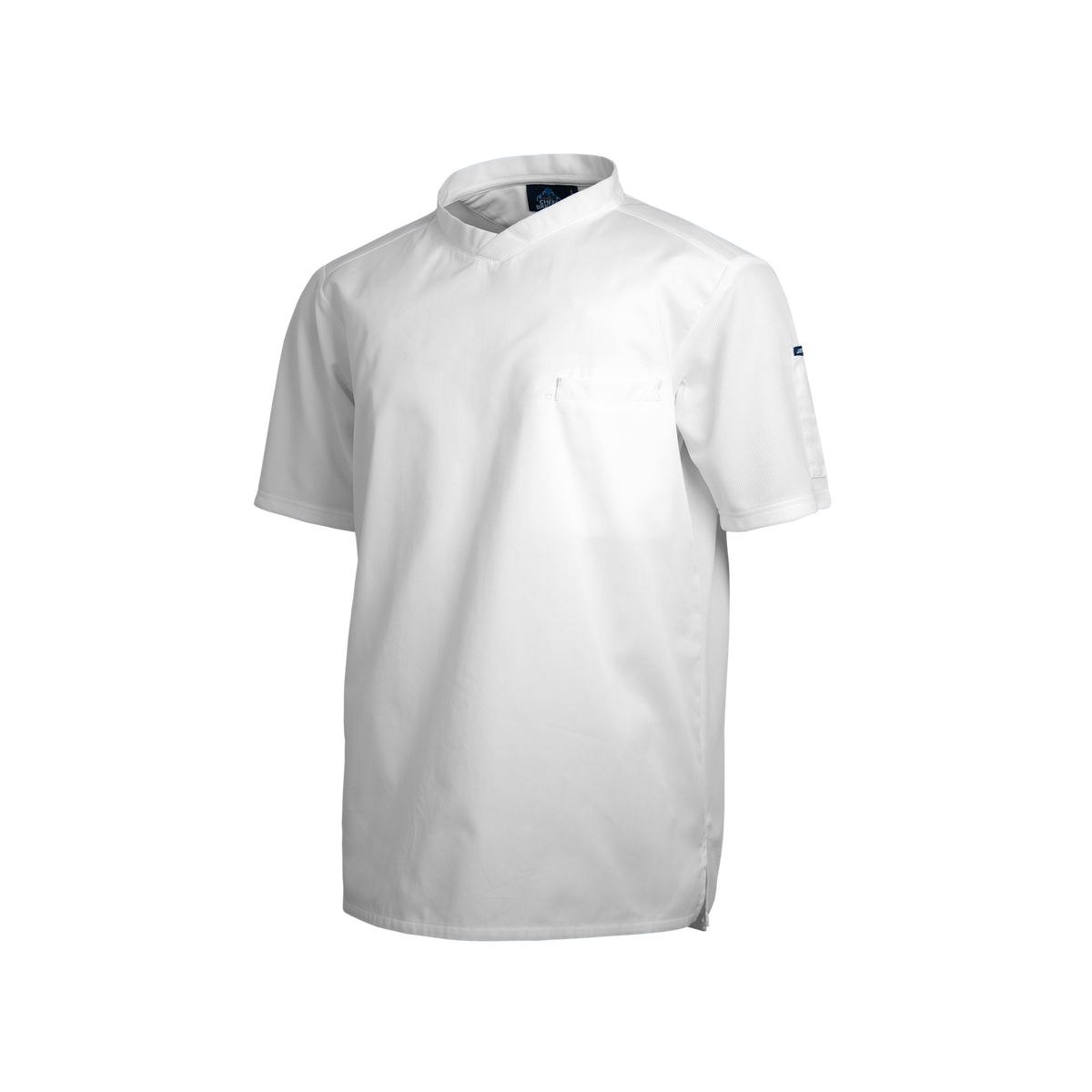 White t-shirt with a small logo on a white background
