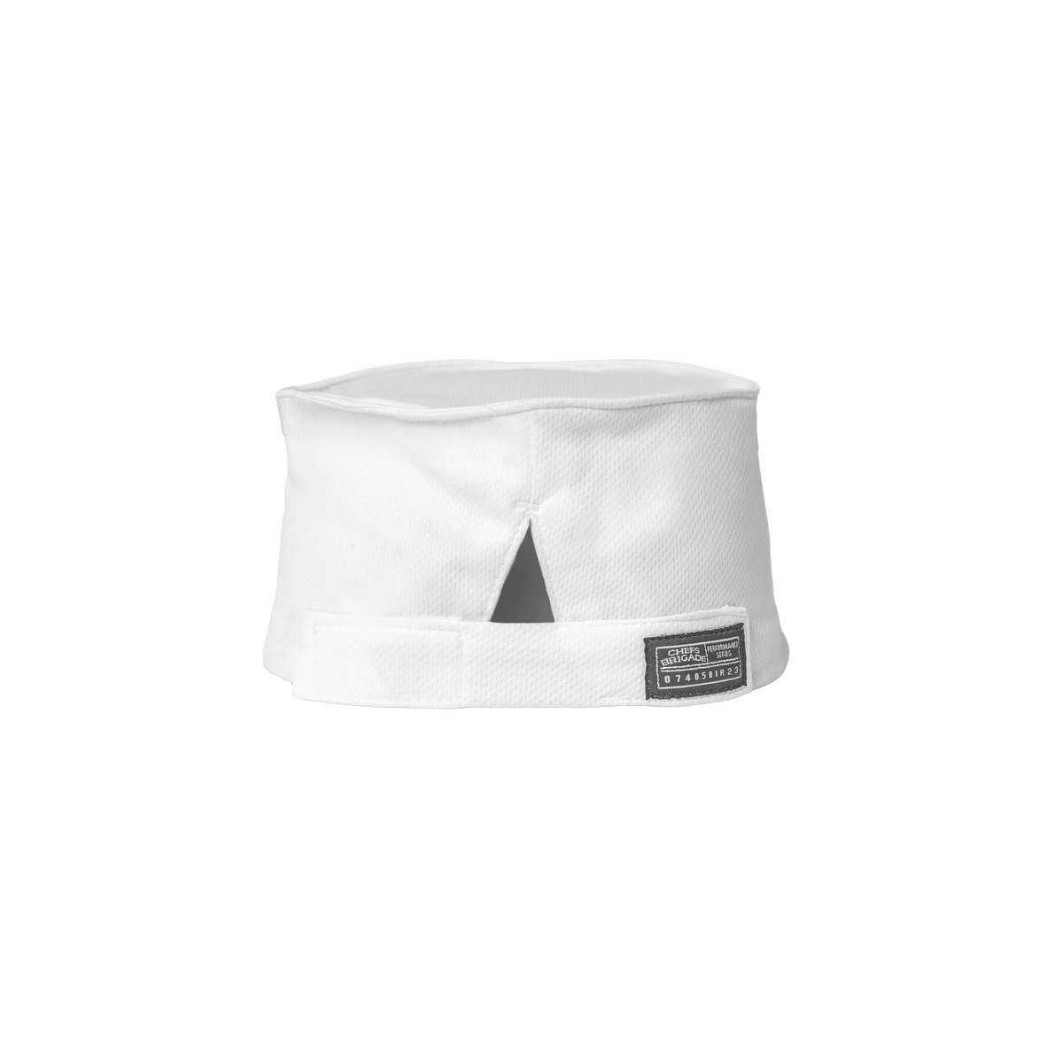 White headband with a brand label on a white background