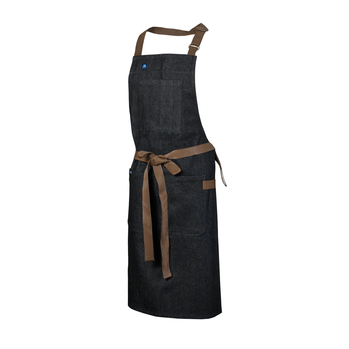 Black apron with brown straps
