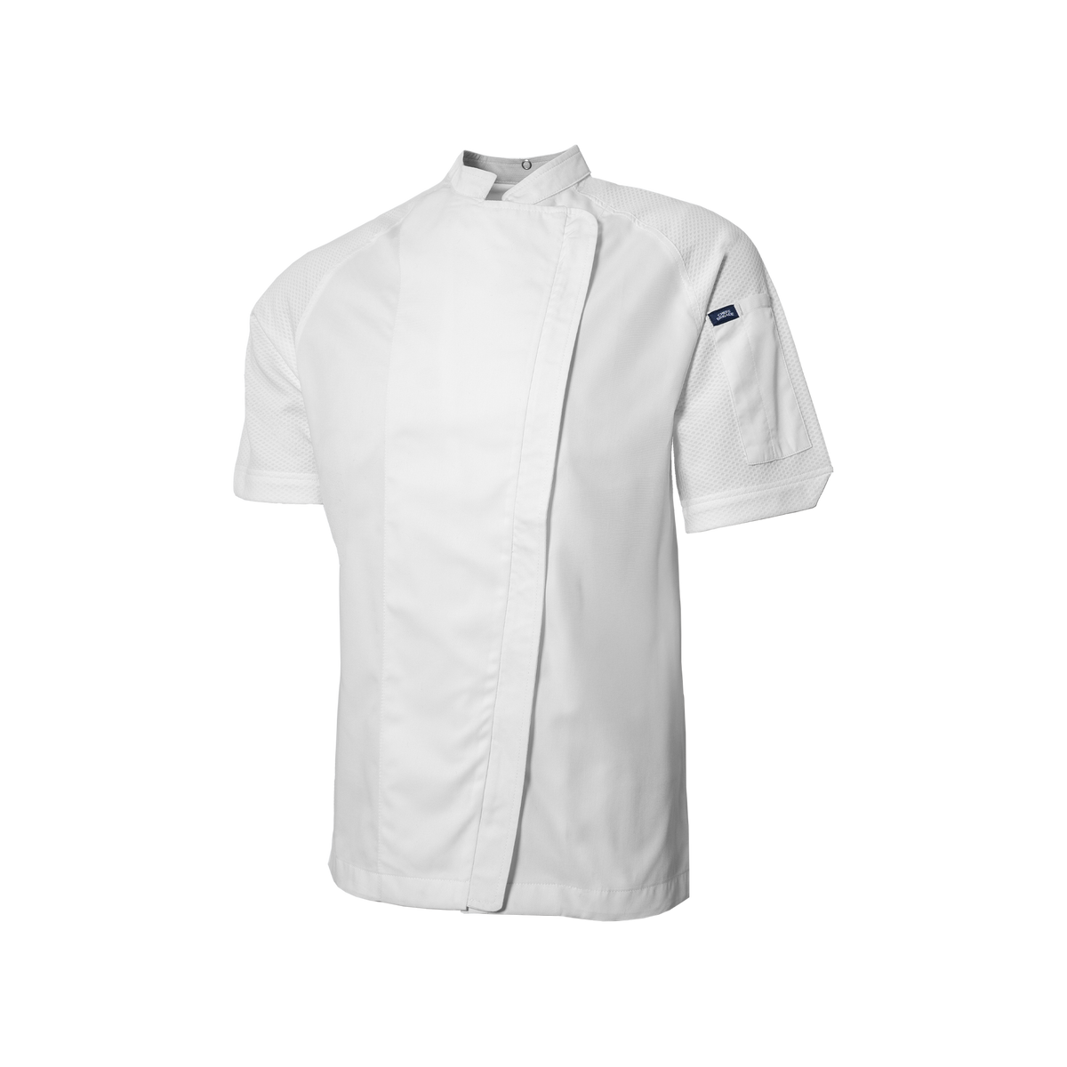 White chef shirt with a brand logo on a white background