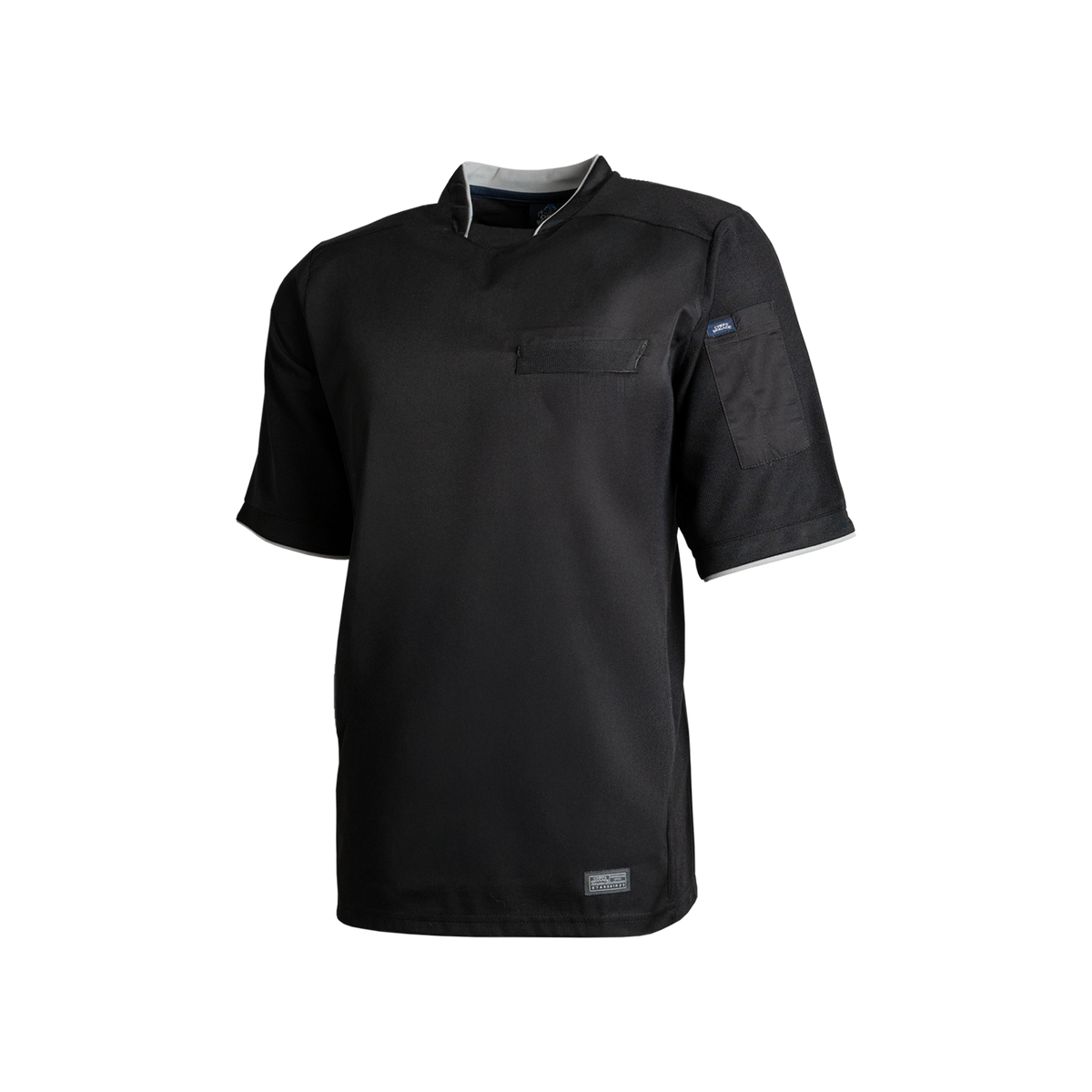 Black short-sleeve shirt with a pocket on a white background