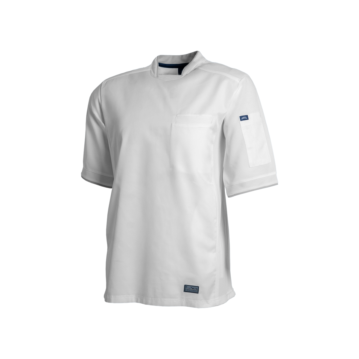White chef's coat with a brand logo on a white background