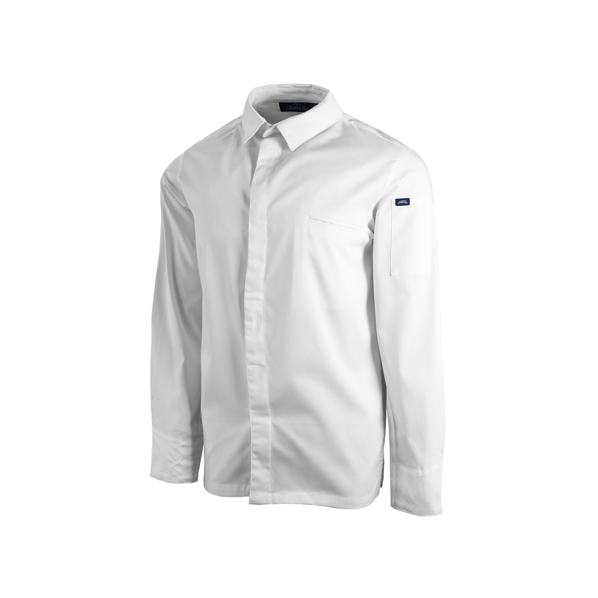 White dress shirt with a brand logo on a white background