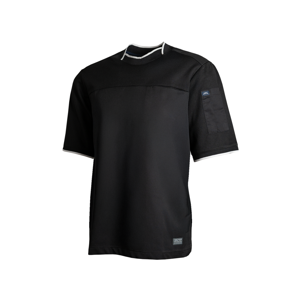 Black short-sleeve shirt with white trim on a white background