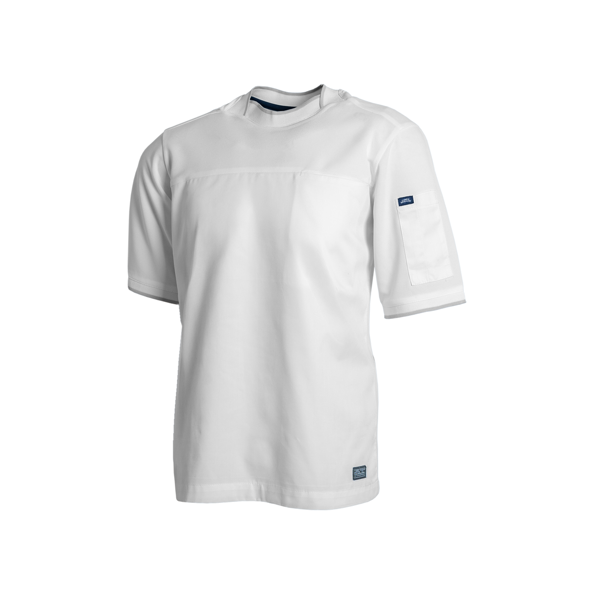 White short-sleeve shirt with a small logo on a white background