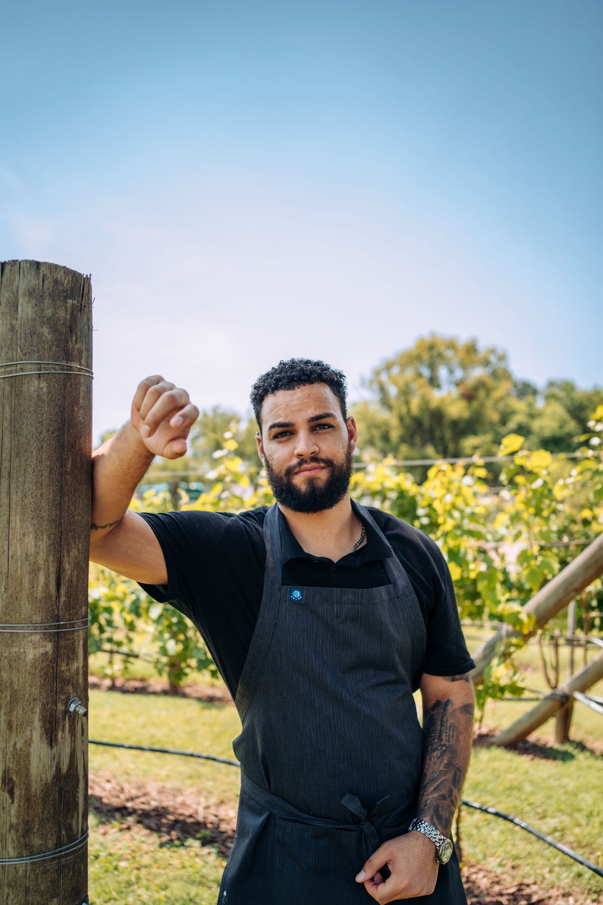 Man in a black apron standing outdoors with greenery and a clear sky in the background