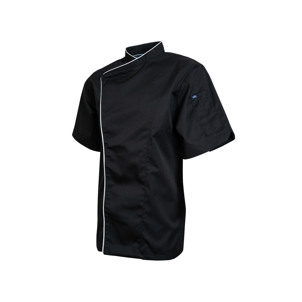 Black short-sleeve shirt with white trim on a white background