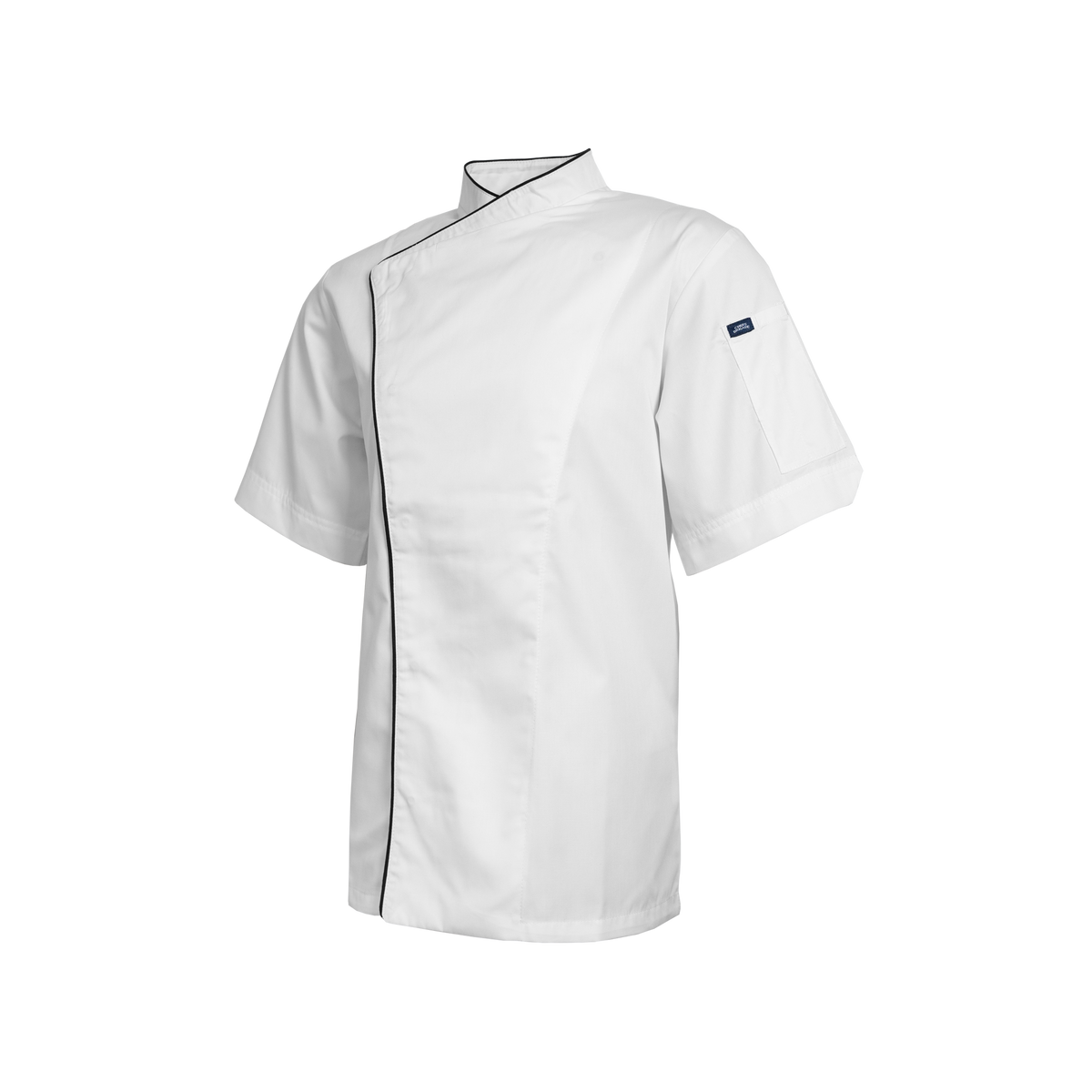 White chef's coat with black trim on a white background